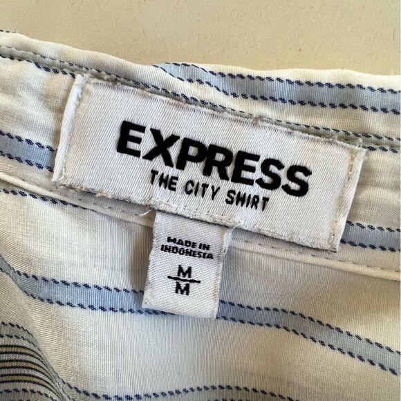 Express The City Shirt Size M White Black Blue Striped Long‎ Sleeve Button Up - Picture 8 of 13